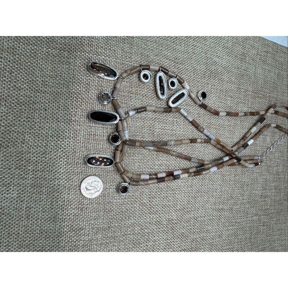 Sterling Silver Multi-Strand Heishi Necklace w/ Smoky Quartz Style Dangles – DR - Picture 7 of 8